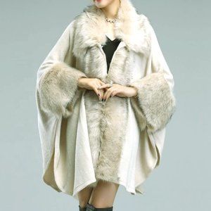 Women Elegant Beige Faux Fur Coat/Cape